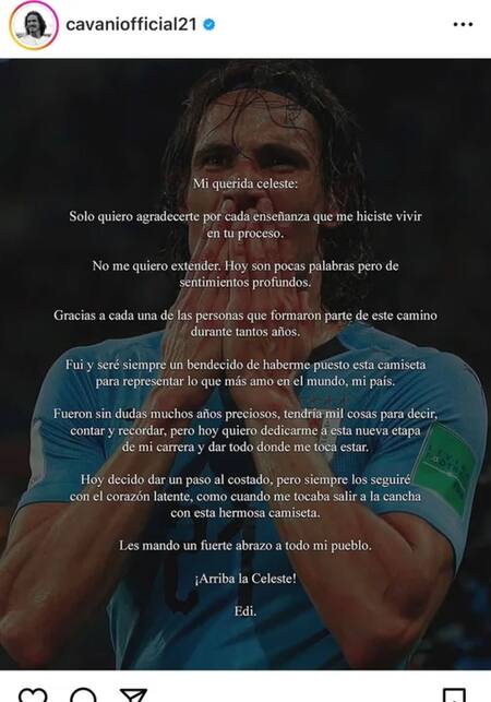 Edinson Cavani, descargo en Instagram