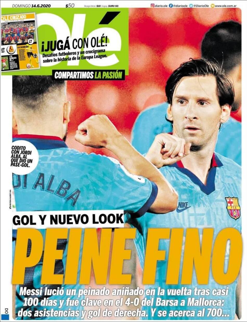 Tapa de diarios, Ole, domingo 14 de junio de 2020