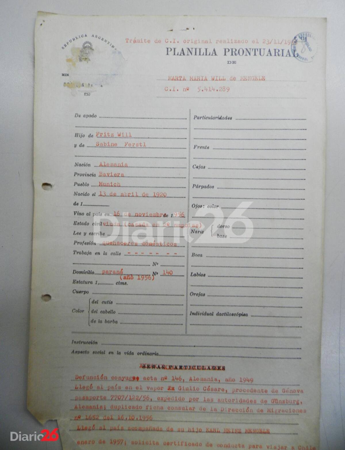 Planilla prontuarial de Marta María Will de Mengele, esposa del médico nazi. Año 1956