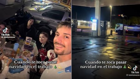 Un viral emotivo: un playero pasó la Nochebuena trabajando y su familia lo acompañó en una estación de servicio
