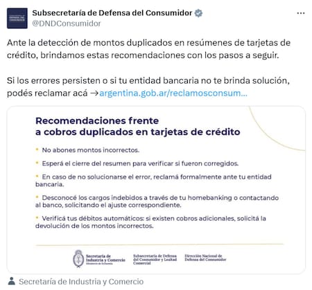 Recomendaciones sobre cómo actuar ante las fallas de las tarjetas de crédito. Foto: X/DNDConsumidor.