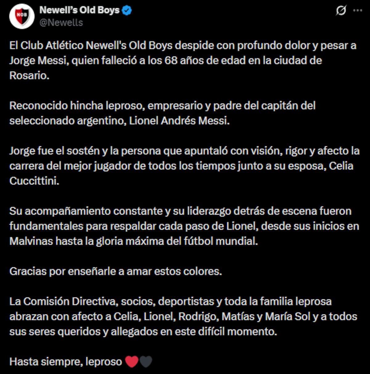 El comunicado de Newell's despidiendo a Jorge Messi.