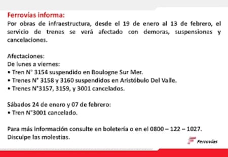 El comunicado de Ferrovías acerca de las complicaciones para viajar en el Belgrano Norte.