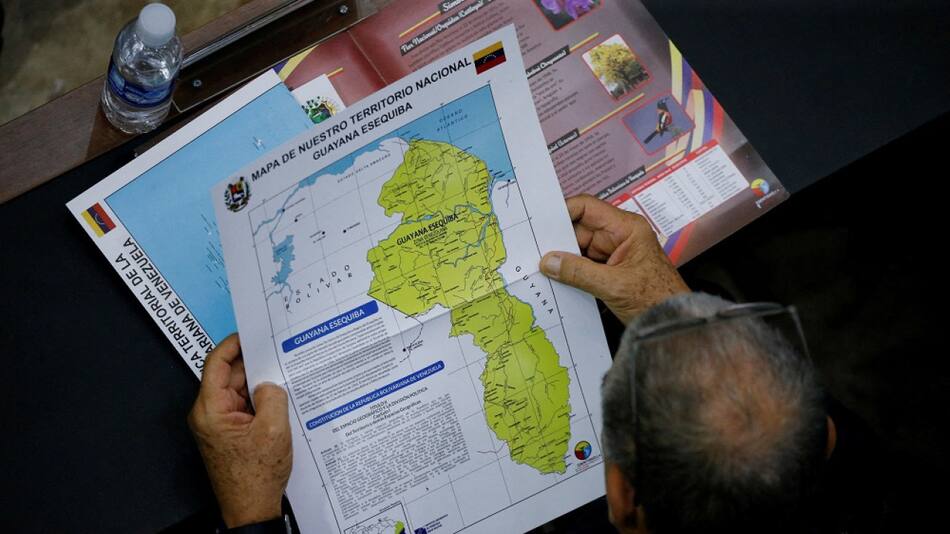 Mapa que muestra la disputa de la región del Esequibo como parte de Venezuela. Foto: Reuters.