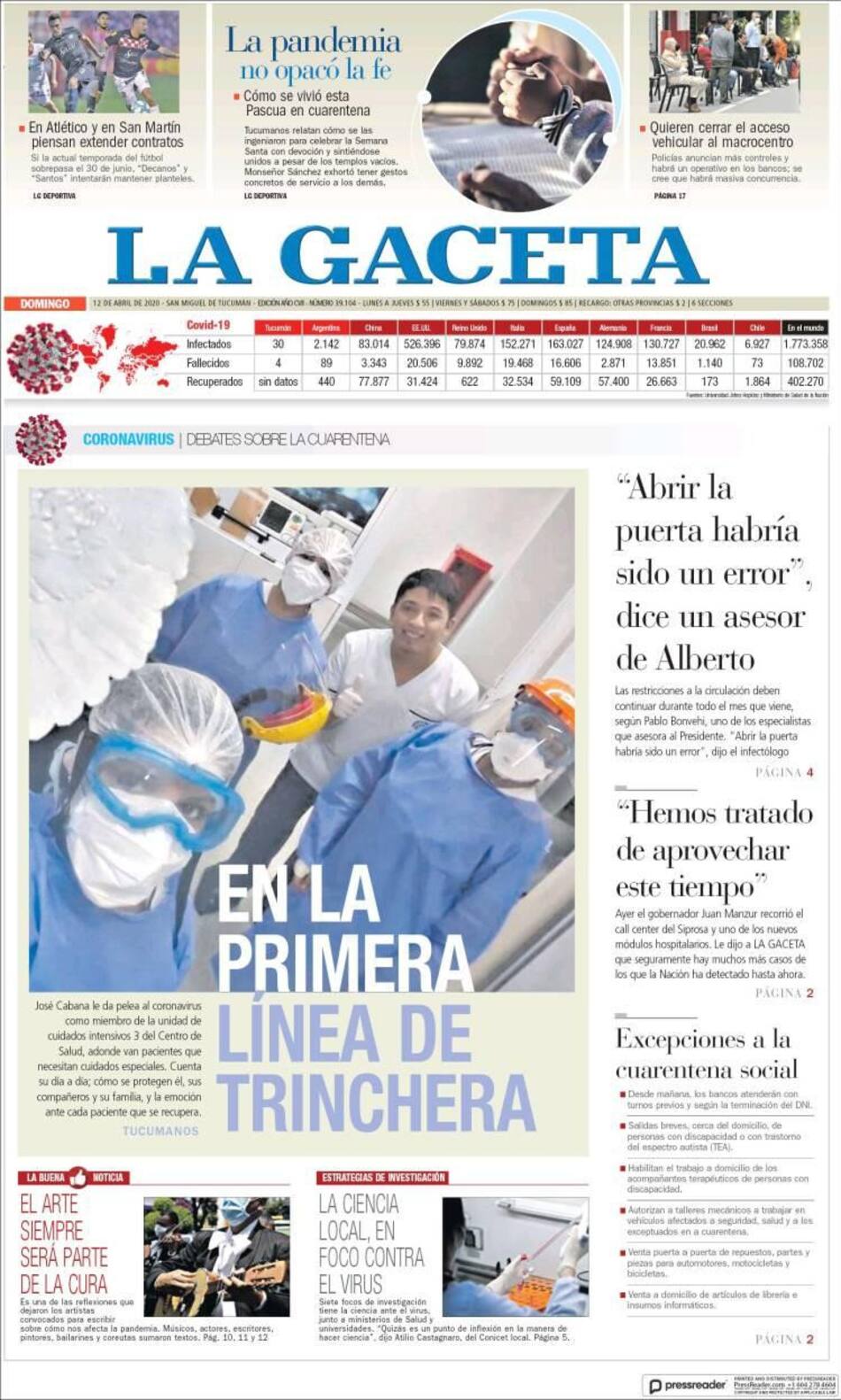 Tapa de diarios, La Gaceta, domingo 12 de abril de 2020|