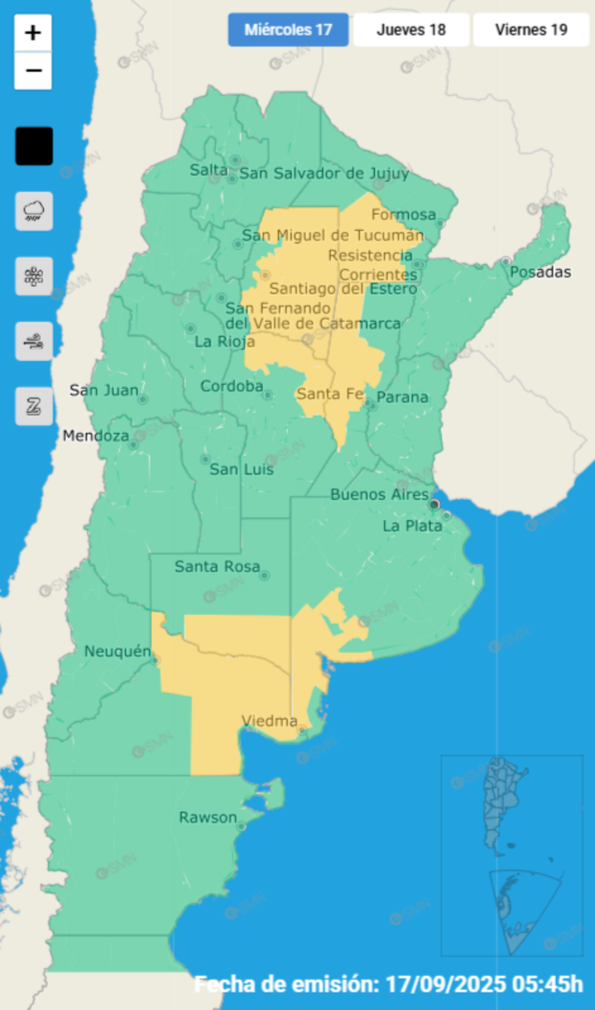 Alerta amarilla por tormentas este miércoles 17 de septiembre.