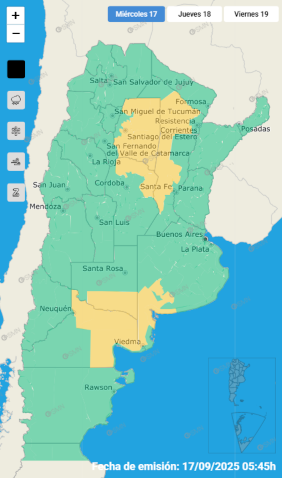 Alerta amarilla por tormentas este miércoles 17 de septiembre.