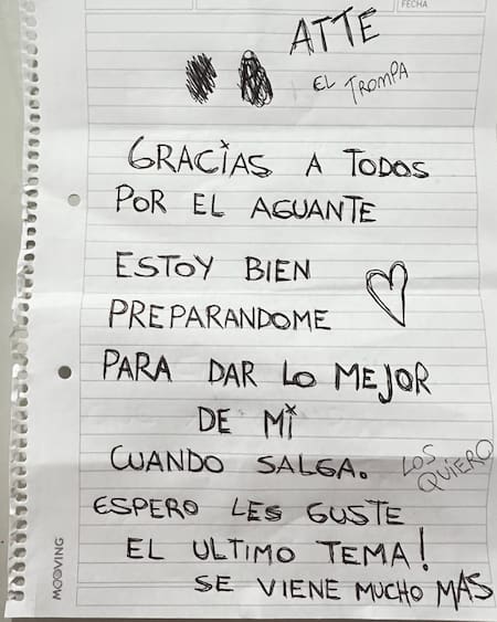 La carta que publicó L-Gante para su público. Foto: Instagram.