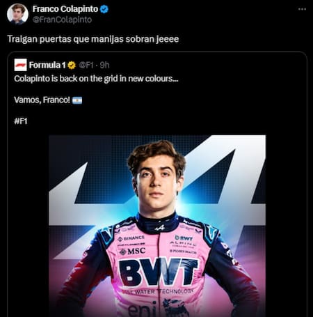 El mensaje de Colapinto en x. Foto: captura FranColapinto.