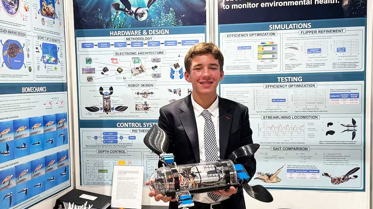 Tiene 15 años y construyó una tortuga robótica con IA que detecta contaminación bajo el agua con un 96% de precisión
