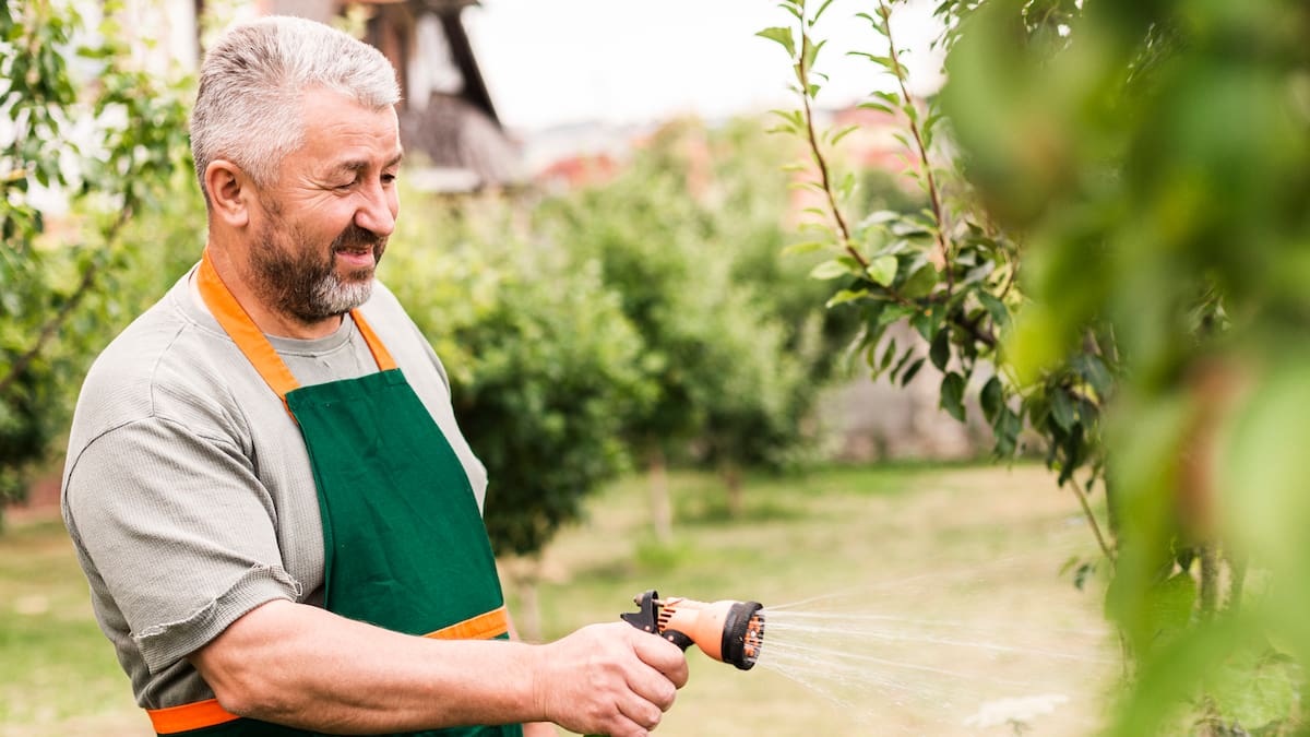 Hombre con delantal verde regando plantas.