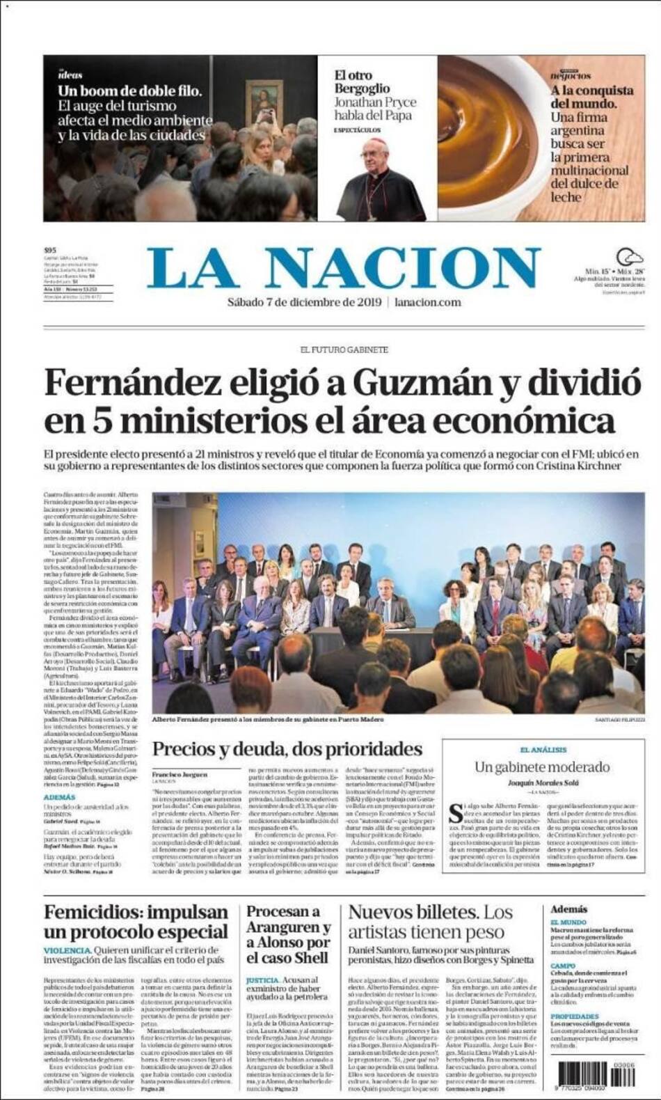 Tapas de diarios, La Nación, sábado 7 de diciembre de 2019