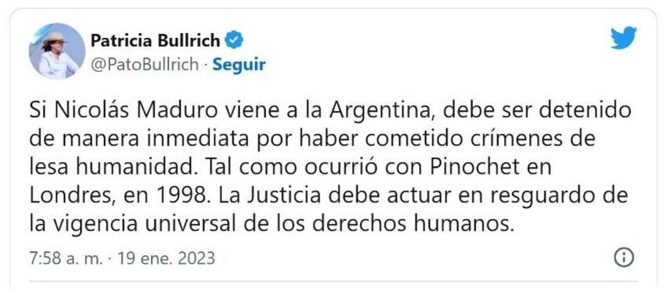 Tuit de Patricia Bullrich por Nicolás Maduro