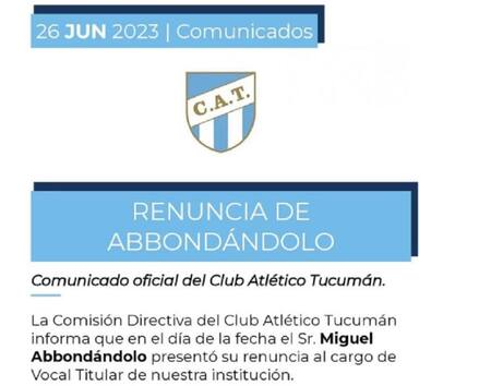 Comunicado de Atlético Tucumán. Foto: web Atlético Tucumán
