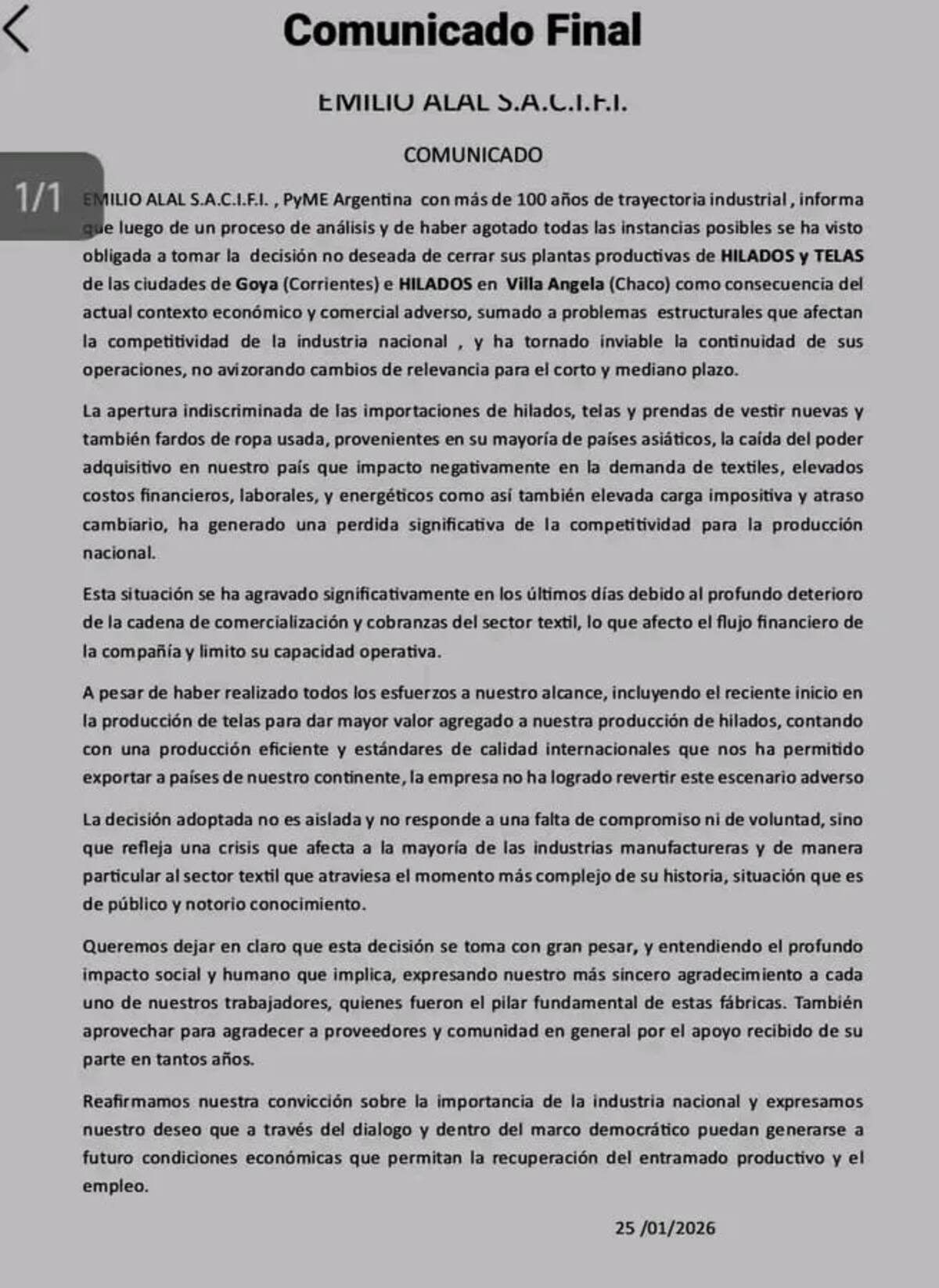 Cerró la empresa textil Emilio Alal