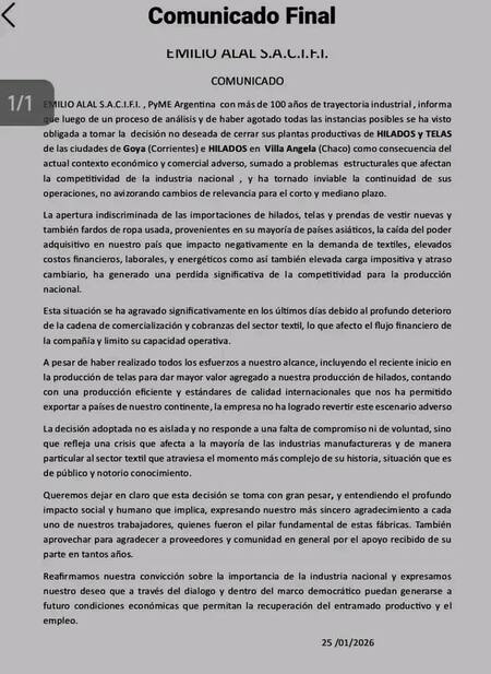 Cerró la empresa textil Emilio Alal