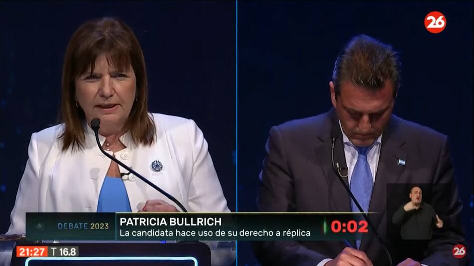 Debate presidencial 2023, Patricia Bullrich y Sergio Massa. Foto: captura de TV.