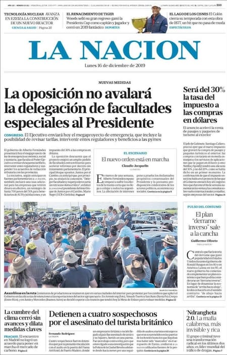 Tapas de diarios, La Nación lunes 16-12-19