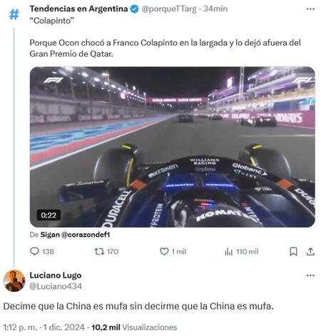 Las repercusiones en redes tras el choque de Colapinto. Foto: X.