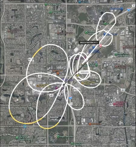 La llamativa trayectoria de la avioneta que se estrelló en Florida, Estados Unidos. Foto: FlightRadar24.
