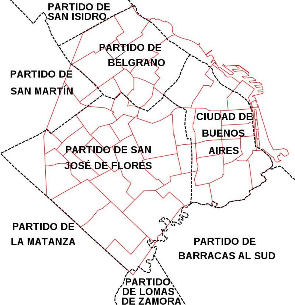 Partidos de la Provincia de Buenos Aires antes de la federalización de la Ciudad de Buenos Aires. En rojo, la ciudad actual con sus barrios