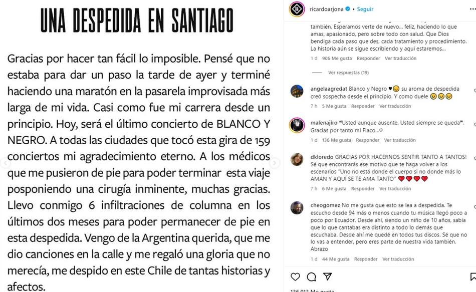 La despedida de Ricardo Arjona. Foto: Instagram.