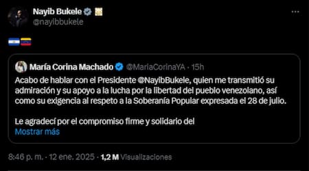 Nayib Bukele replicó el mensaje de María Corina Machado en X. Foto: Captura.