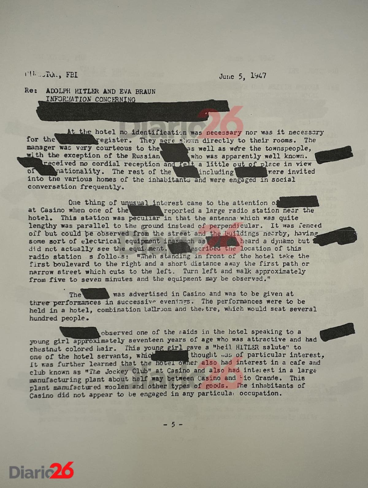 Adolf Hitler en Brasil, Hotel Atlántico, Cassino, documento desclasificado del FBI de 1947 - 05