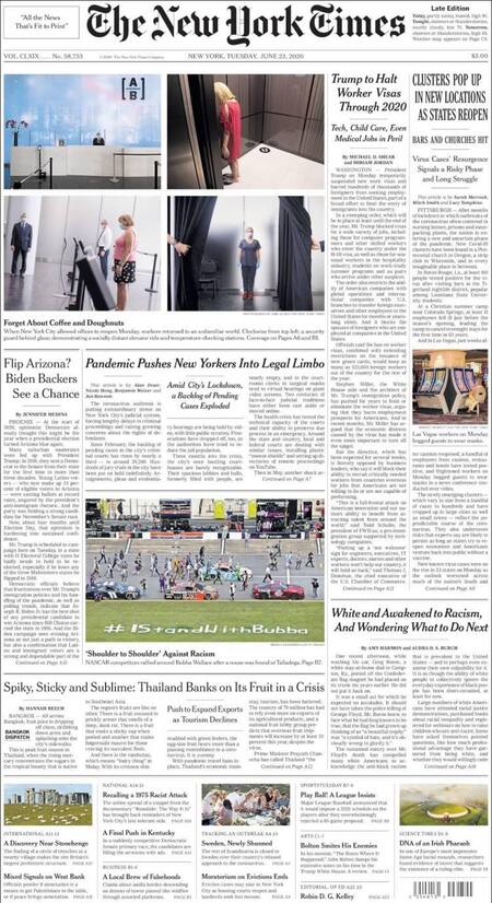 Tapas de diarios, The New York Times de EE.UU., martes 23 de junio de 2020