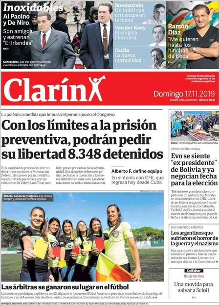 Tapas de diarios, Clarín, domingo 17 de noviembre de 2019