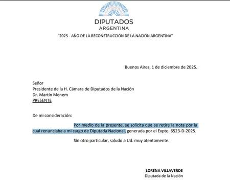 Retiro de la renuncia de Lorena Villaverde a su banca en Diputados.