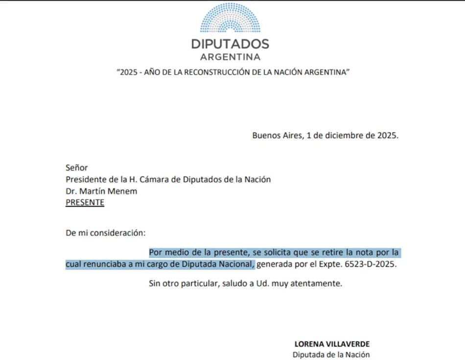 Retiro de la renuncia de Lorena Villaverde a su banca en Diputados.