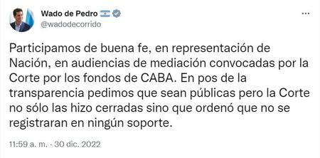 Coparticipación: Wado de Pedro twiteó sobre las audiencias de mediación por los fondos