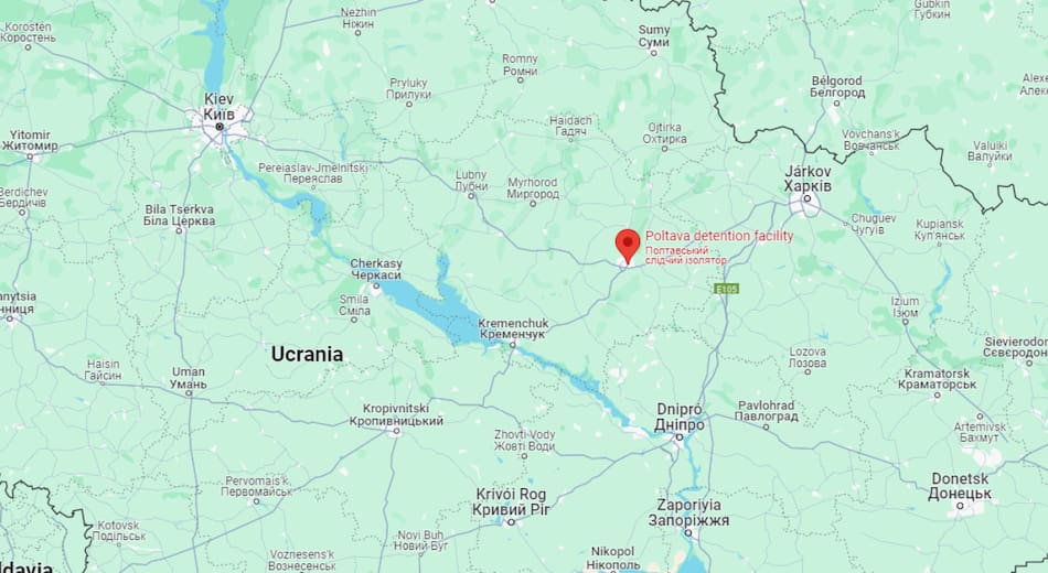 La cárcel de Poltava se encuentra cerca de Jarkov y Dnipro. Foto: Google Maps.