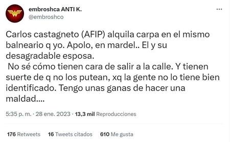 Tuit que amenaza al titular de la AFIP y su familia. Foto: captura de pantalla