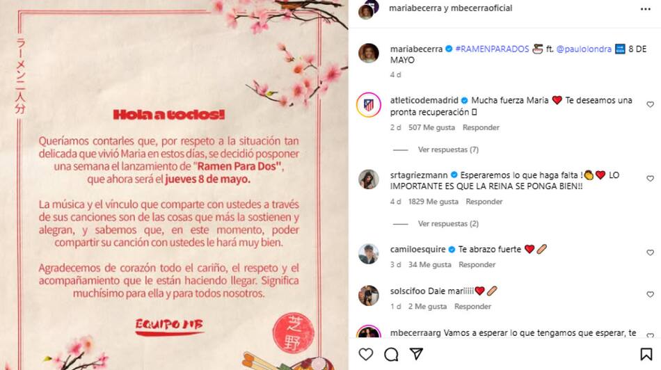 El comunicado de María Becerra. Foto Instagram