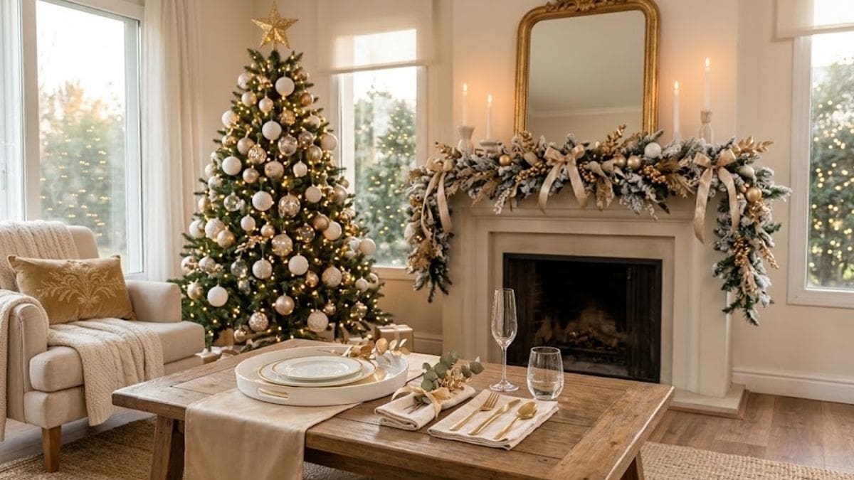 Blanco, champagne y dorado desplazan a los tonos tradicionales de la Navidad.