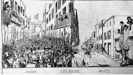 El carnaval, “Ahora” con el corso y “Antes” con el juego del agua. Foto: El Mosquito