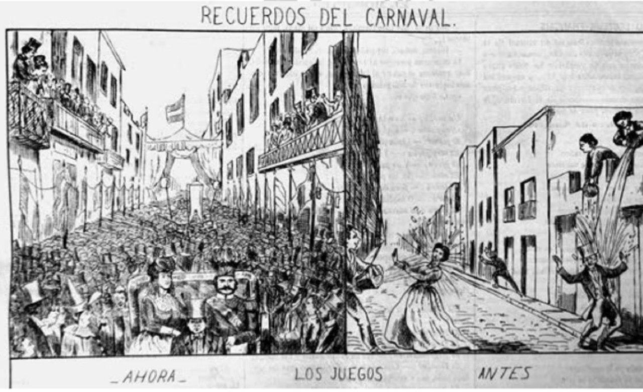 El carnaval, “Ahora” con el corso y “Antes” con el juego del agua. Foto: El Mosquito