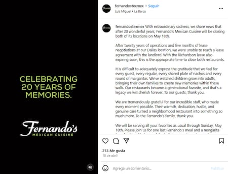El mensaje de despedida de Fernando’s Mexican Cuisine. Foto: Captura.