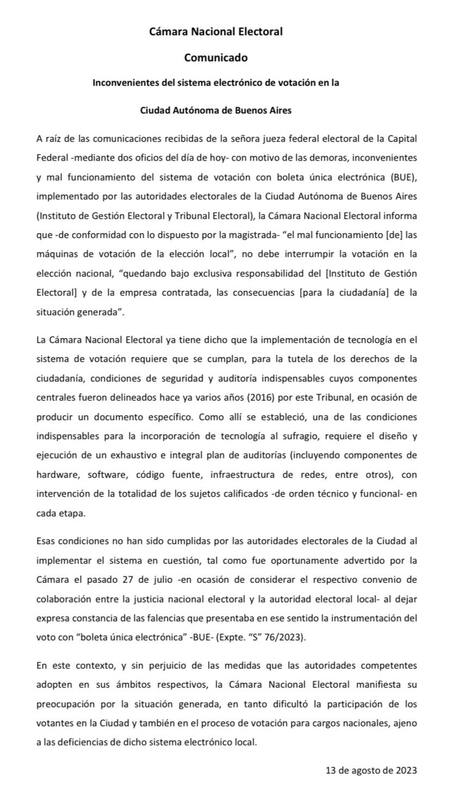 Comunicado de la Cámara Nacional Electoral sobre la votación en la Ciudad de Buenos Aires. Foto: Twitter.