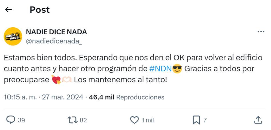 Post de la producción del programa. Foto: X.