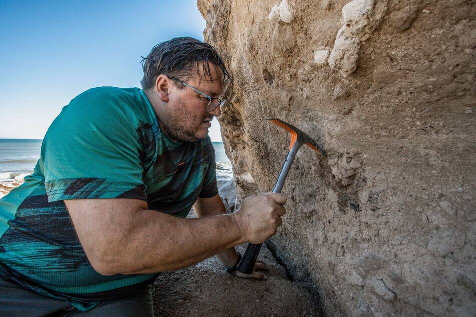 El equipo de Paleontología del Museo Lorenzo Scaglia trabajando en el lugar. Foto: Télam