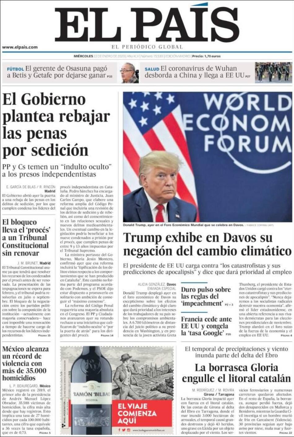 Tapas de diarios, El País, miércoles 22 de enero de 2020
