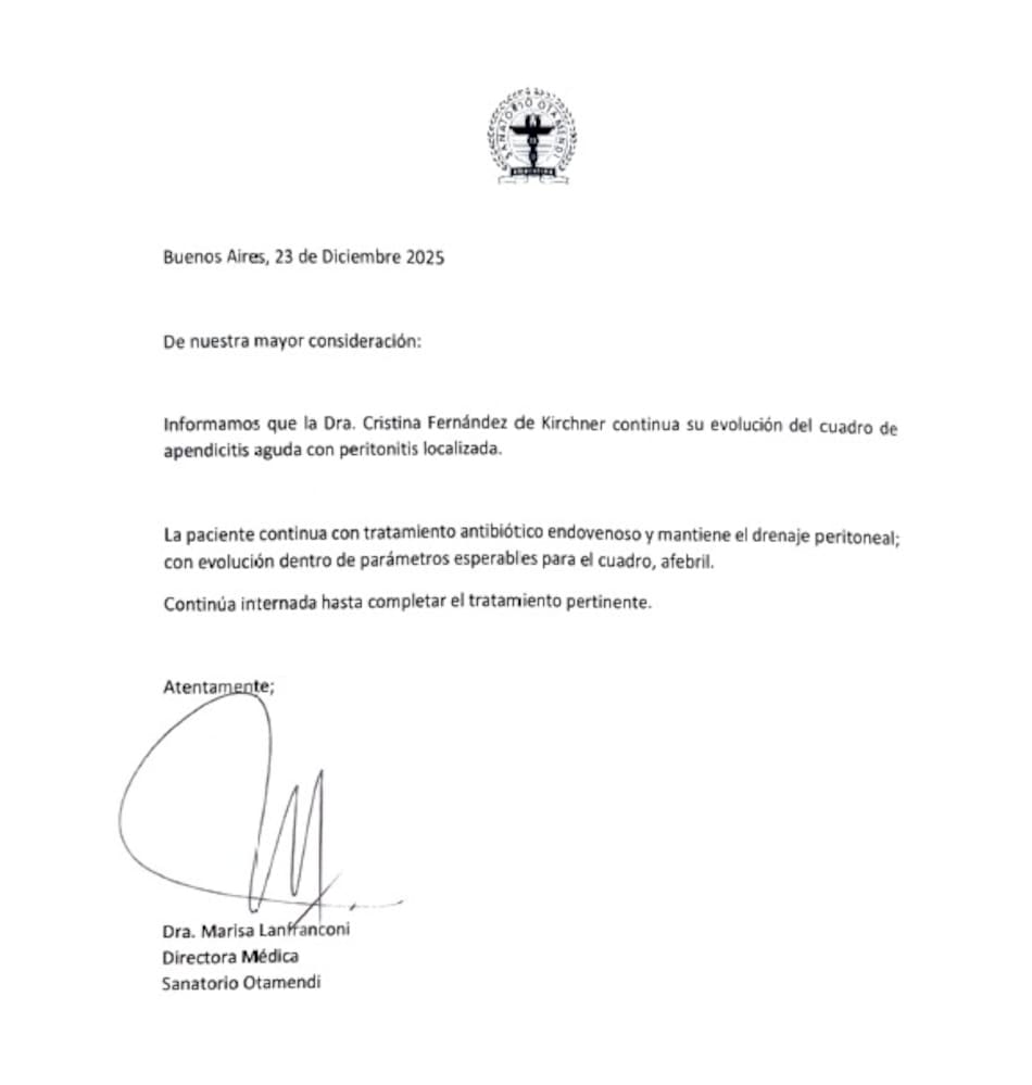 Parte médico de Cristina internada en el Sanatorio Otamendi