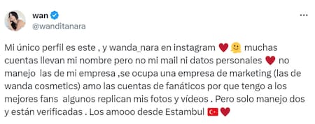 Wanda Nara aclaró que solo tiene dos cuentas y están verificadas. Foto: Twitter.