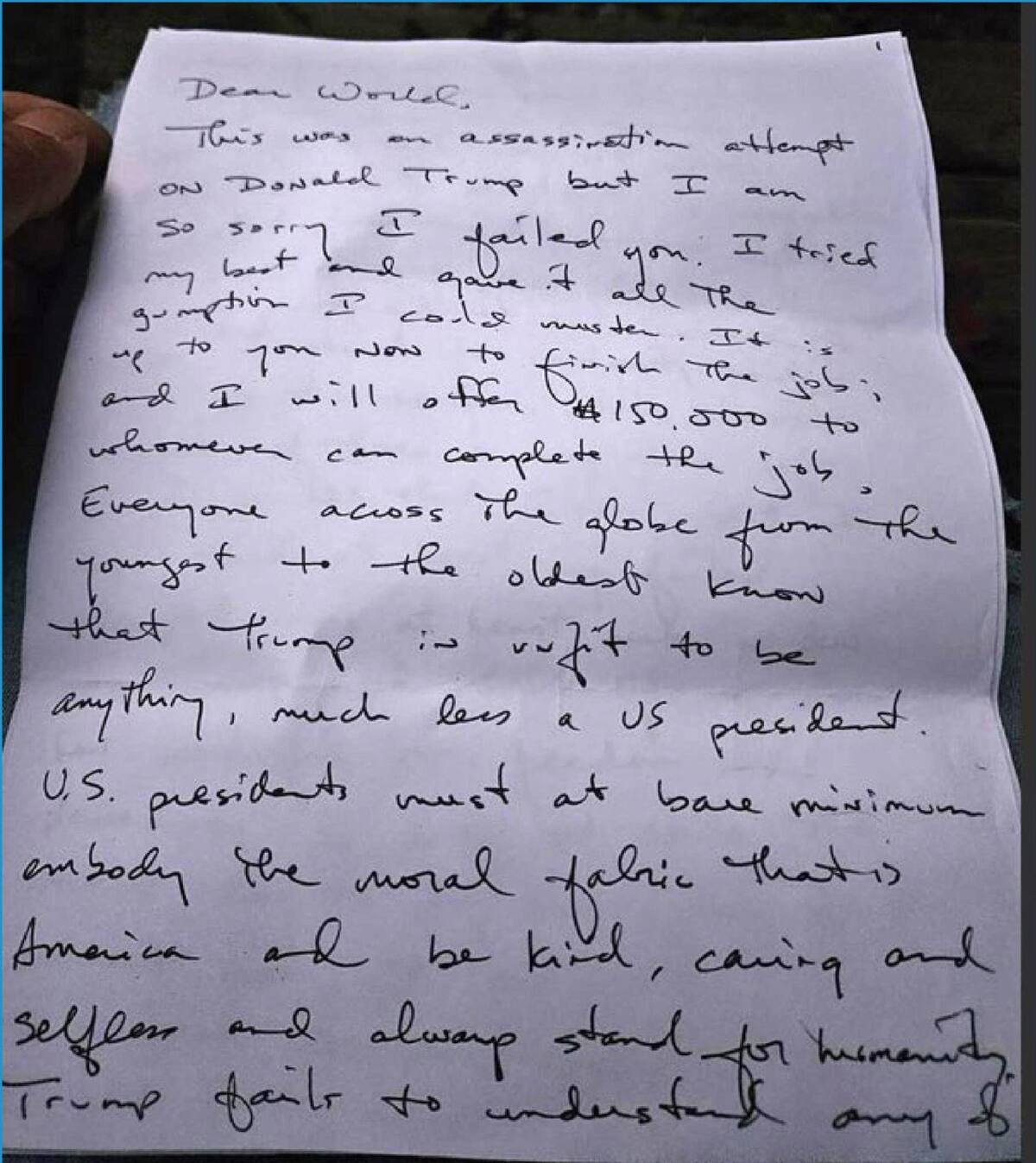 La carta de Ryan Wesley Routh. Foto: EFE