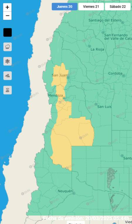 Alerta amarilla por tormentas para Mendoza y San Juan. Foto: SMN.