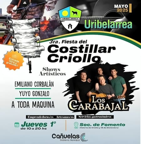 Uribelarrea, partido de Cañuelas, celebra la tercera edición de la Fiesta del Costillar Criollo el finde XXL del 1° de mayo. Foto: Instagram / uribelarreaoficial.