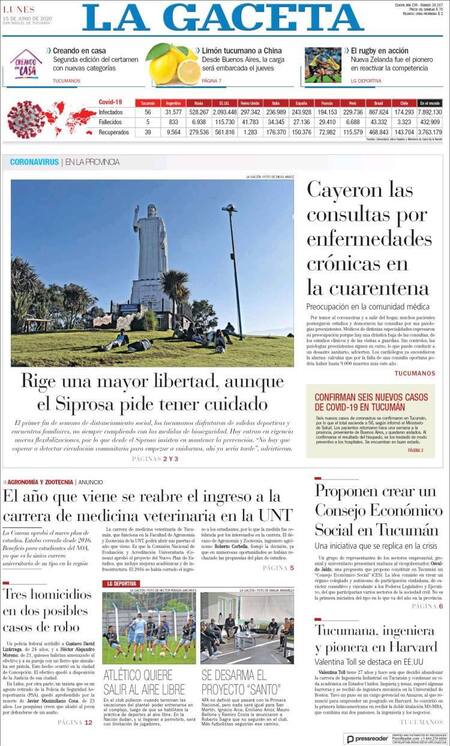 Tapas de diarios, La Gaceta, lunes 15 de junio de 2020